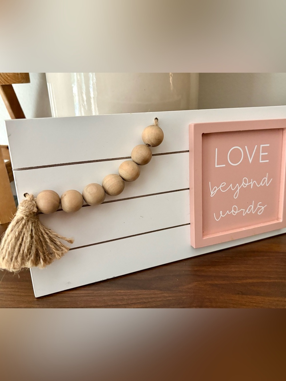 "LOVE Beyond Words" Pink Framed Wall Plaque with Natural Bead Tassel